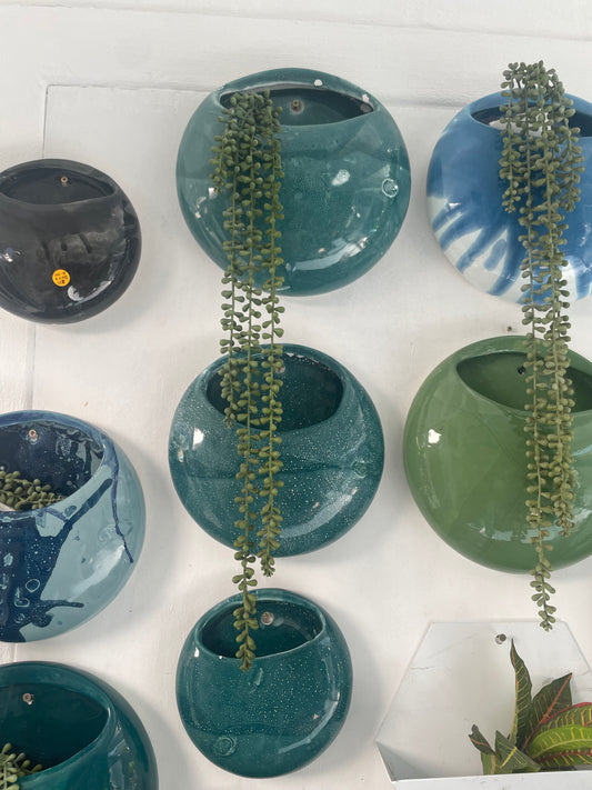 Teal + texture Ceramic Wall Pot Set - Artisanal Finish (Set; S, M & L)