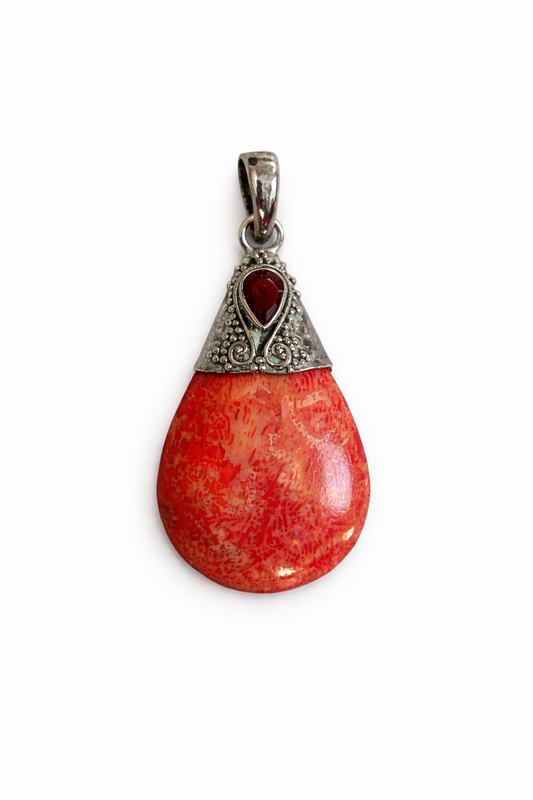 Handcrafted pendant polished red coral drop & Red garnet & 925 silver detailing