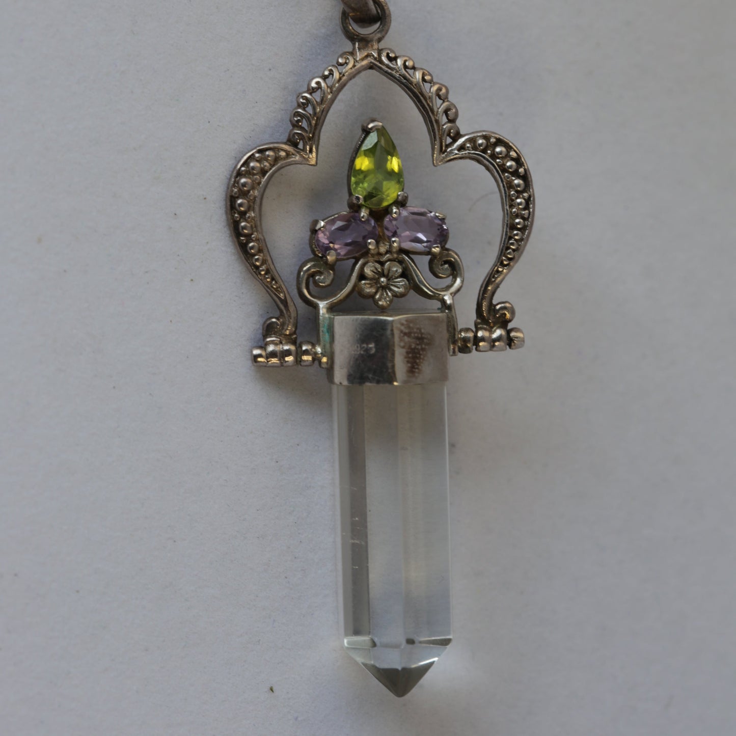 Clear Quartz Crystal Wand Pendant with Amethyst & Peridot – 925 Silver