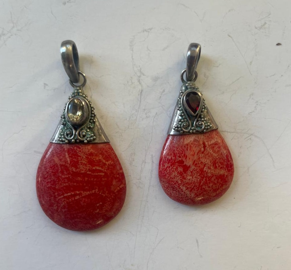 Handcrafted polished Coral drop & Amethyst & 925 silver detailing pendant