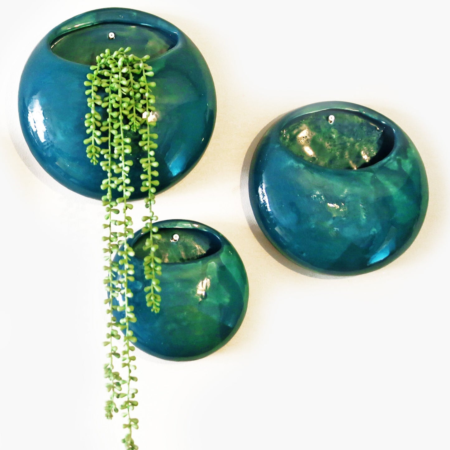 Teal Ceramic Wall Pot, Set of 3  - Artisanal  Finish (Set; S, M & L)