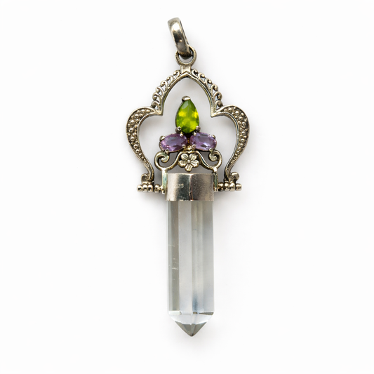 Clear Quartz Crystal Wand Pendant with Amethyst & Peridot – 925 Silver