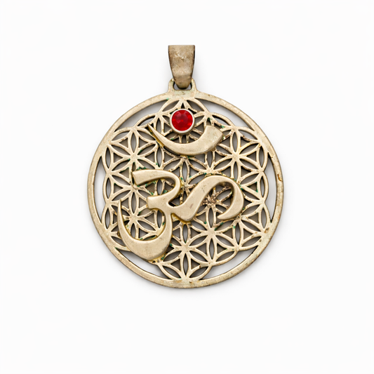 Flower of Life Om Pendant with Red Garnet & Sterling Silver