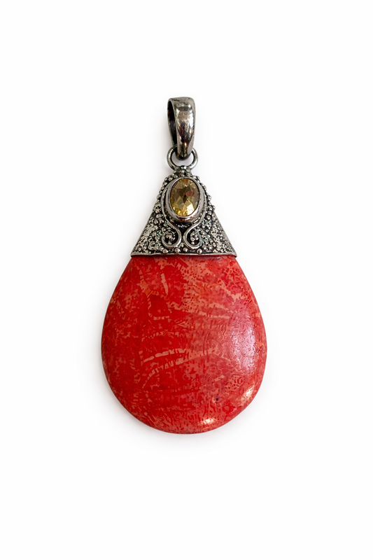 Handcrafted polished Coral drop & Amethyst & 925 silver detailing pendant