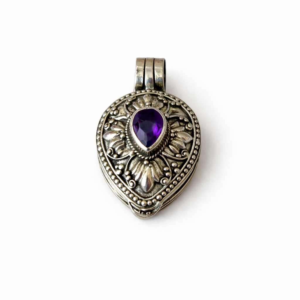 Opening Teardrop Pendant with Amethyst Crystal & 925 Silver Details