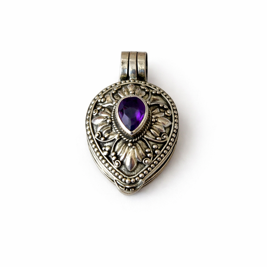 Opening Teardrop Pendant with Amethyst Crystal & 925 Silver Details