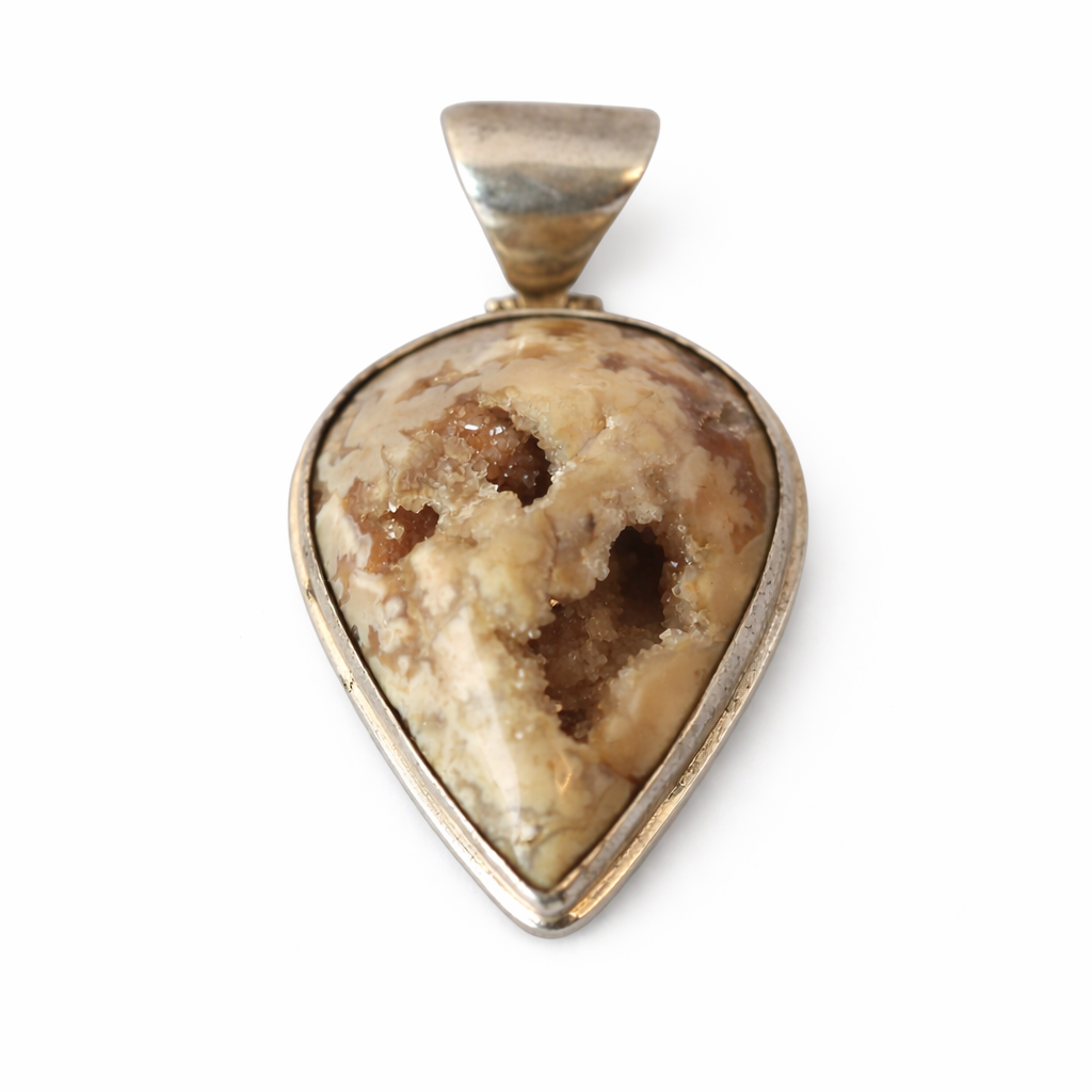 Teardrop Polished Stone with Crystalline Structure & 925 Silver Setting