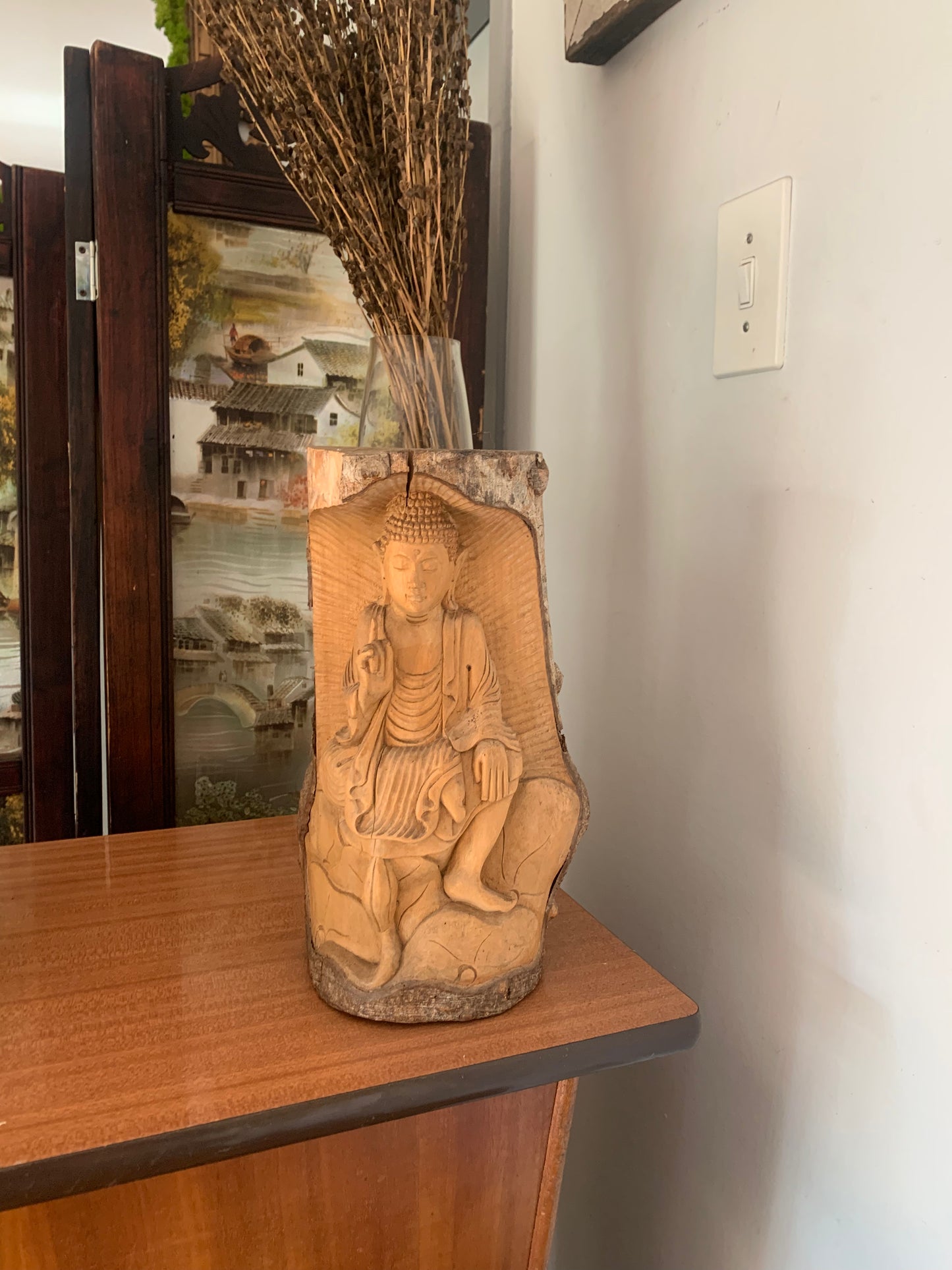 Detailed Carved Wooden Sculpture Lady Buddha