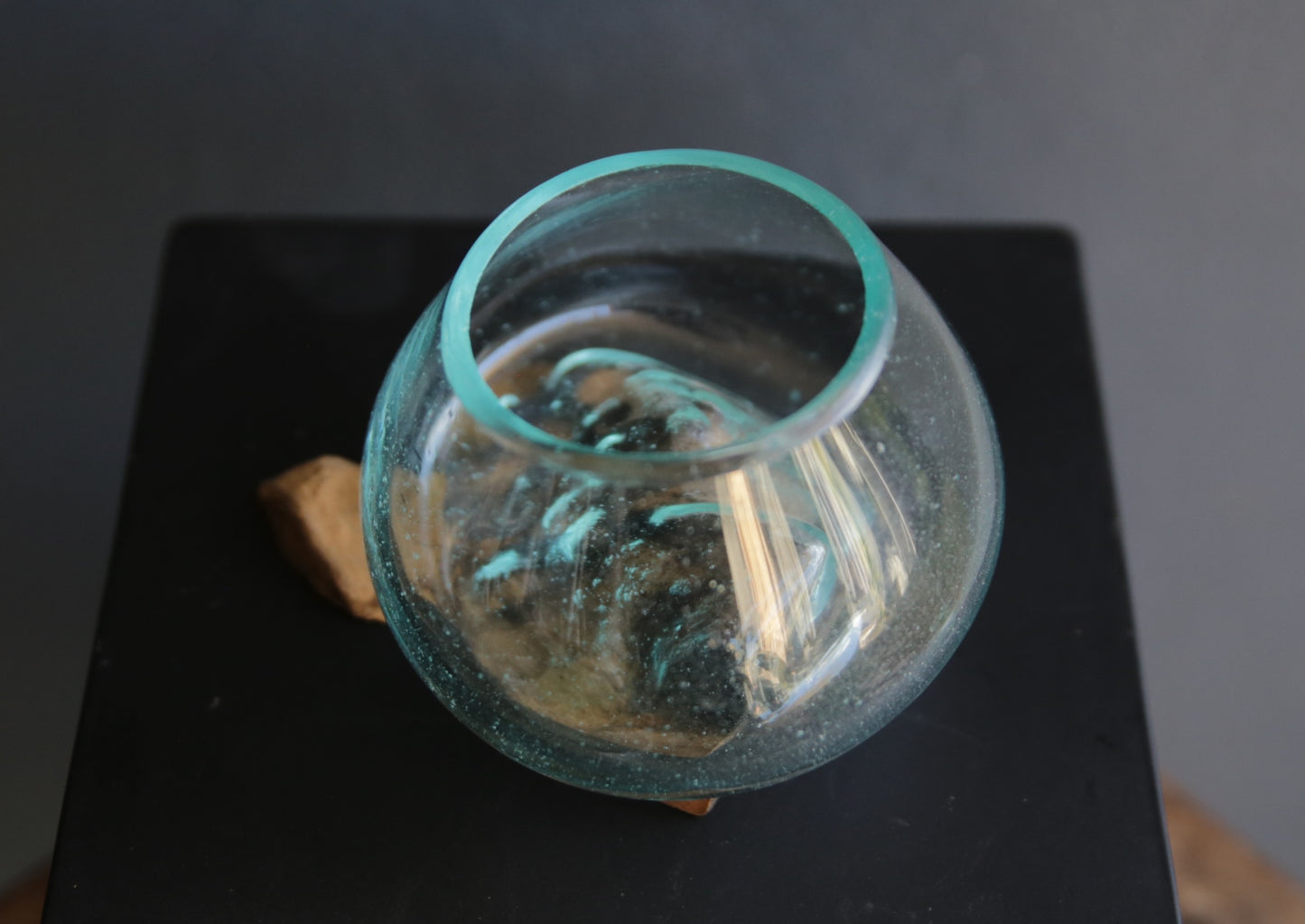 Hand-blown glass Bowl on Wooden Stand