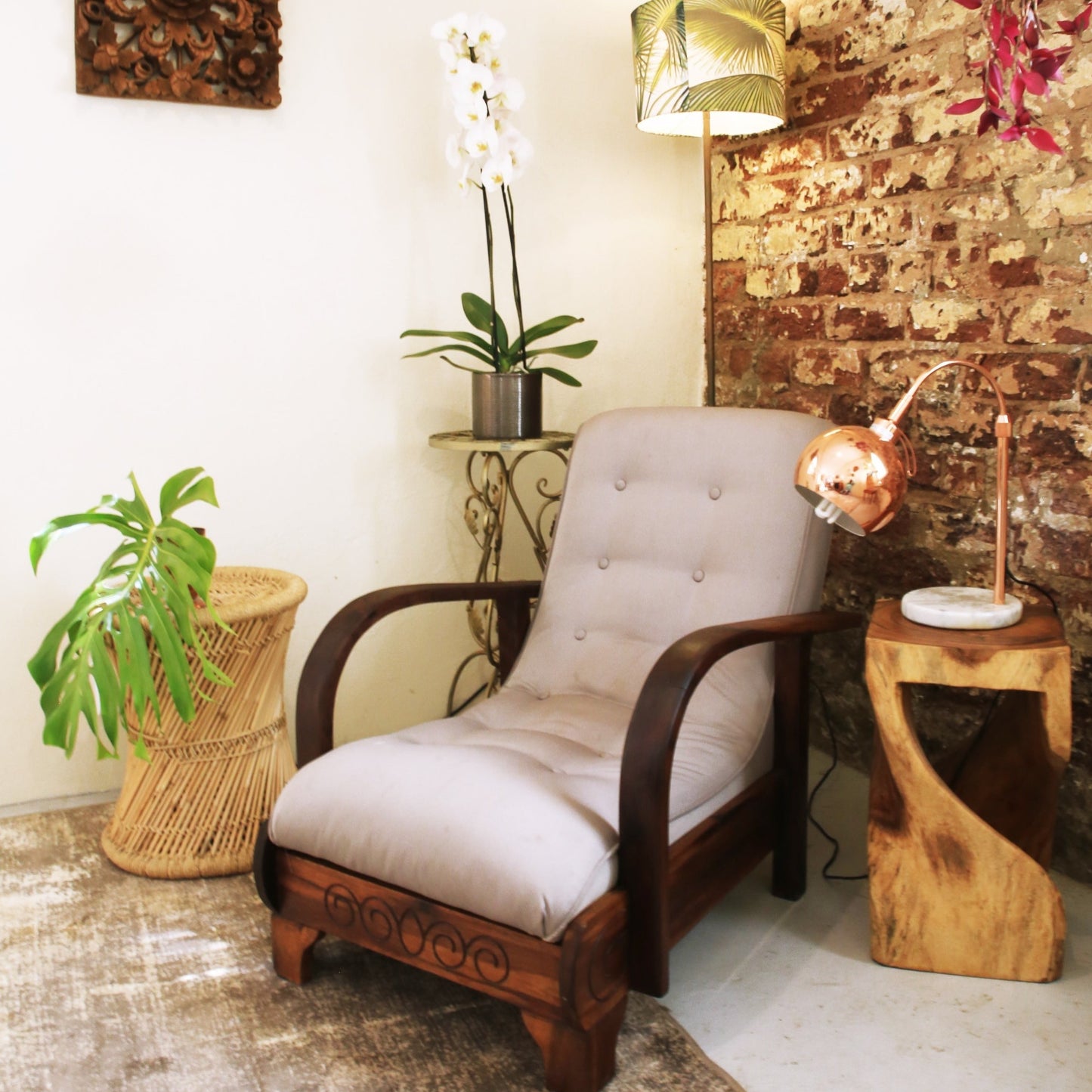 Vintage Wood & Grey Lounger Chair Event Rental 