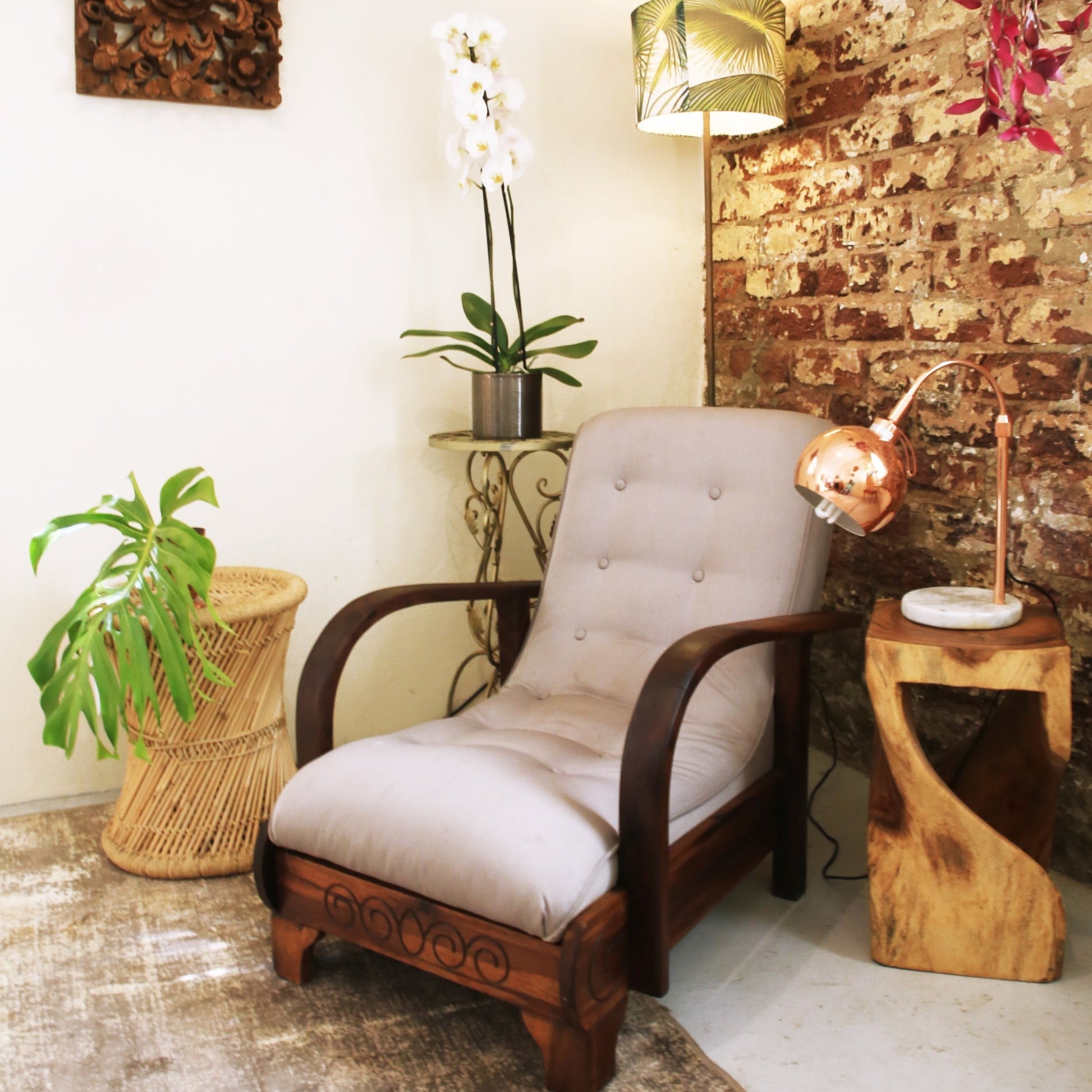 Vintage Wood & Grey Lounger Chair Event Rental 